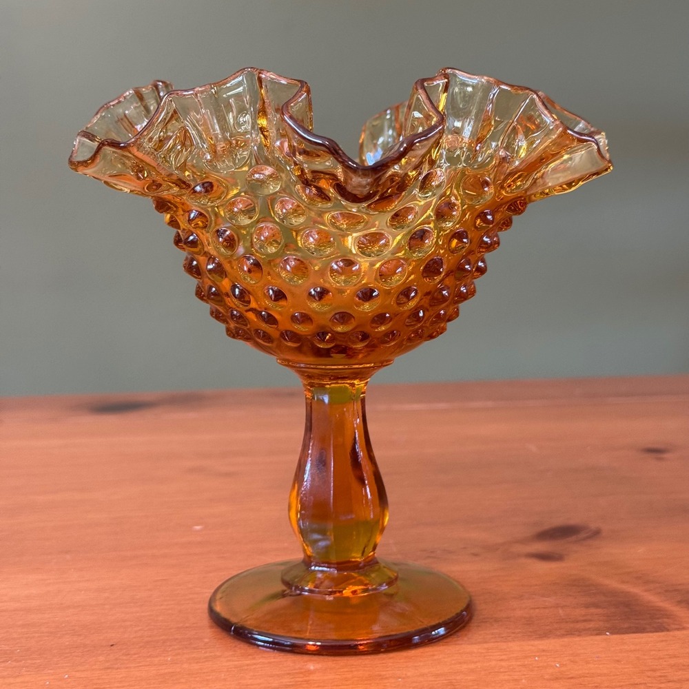 Vintage Fenton Amber Hobnail Glass Compote Ruffled Pedestal Candy Dish 5.5 Inch